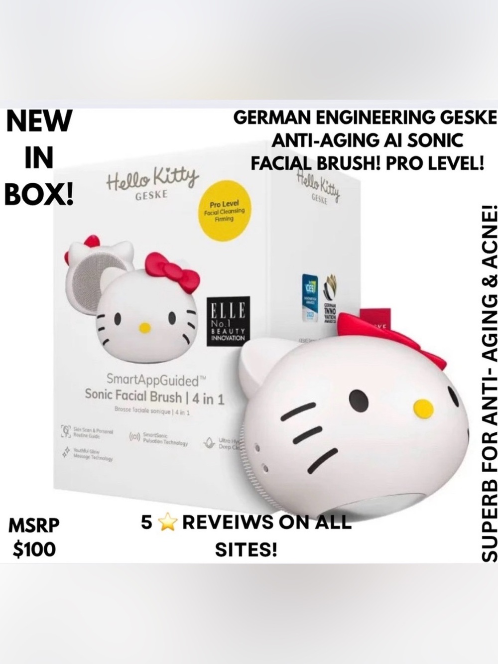 NIB! HELLO KITTY FACIAL SONIC BRUSH! ANTI-AGING! GERMAN ENGINEER GESKE! 5 ⭐️’S!